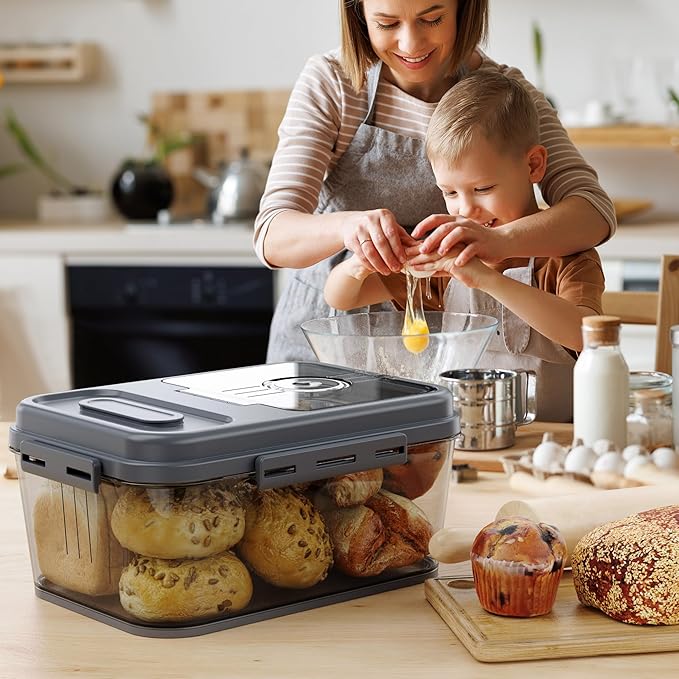 Bread Box For Kitchen Countertop, Airtight Bread Storage Container, Bread Container For Homemade Breads, Cookies, And Cake, Grey Bread Keeper