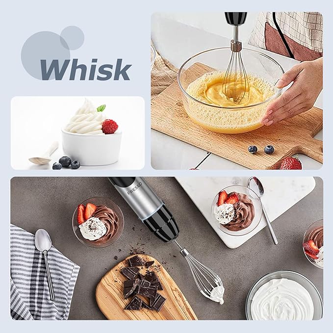 FRESKO Immersion Blender Handheld, 4-in-1 Stainless Steel Hand Electric Stick Mixer with 12-Speeds & Turbo Mode, Powerful 500W Emulsion Blender with Beaker, Chopper & Whisk