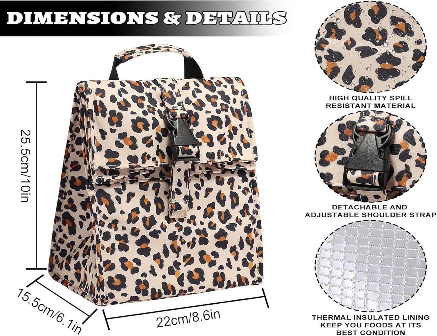Insulated Foldable Lunch Bag- Lightweight Portable with Adjustable Shoulder Strap Lunch Box for Men, Women, Office, Work, Picnic, Hiking and Beach (Leopard(Soft Fabric))