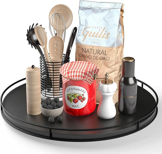 18" Acacia Wood Lazy Susan Turntable with Metal Frame for Table Top - Large Black Rotating Organizer Countertop Storage - Wooden Serving Tray for Charcuterie Cheese Board - Kitchen Counter