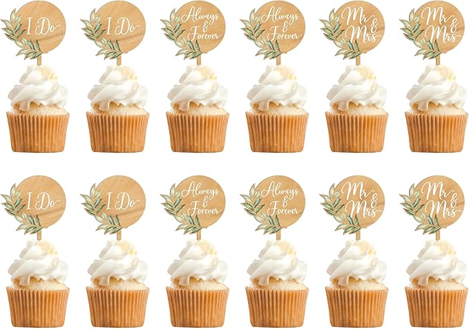 12 PCS Greeny Wedding Cupcake Toppers in Wood Mr & Mrs Engagement Cupcake Decorations