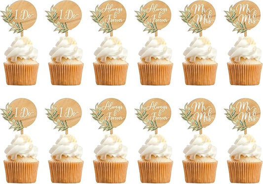 12 PCS Greeny Wedding Cupcake Toppers in Wood Mr & Mrs Engagement Cupcake Decorations