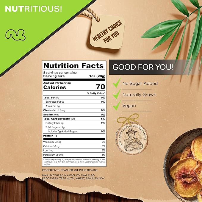 NUT CRAVINGS - Sun Dried California Peaches, No Sugar Added (8oz, 1 Pack) Bulk Dry Fruits Packed Fresh in Resealable Bag - Sweet Healthy Snack, Naturally Grown, Vegan, Kosher