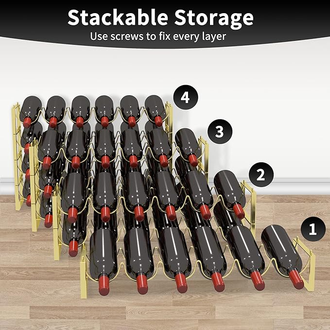 TONLEA 4 Tier Wine Rack, 3-in-1 24 Bottles Wine Storage, Wine Bottle Rack Stackable, Wine Storage Rack for Cabinet Pantry(Gold, Version 3.0)