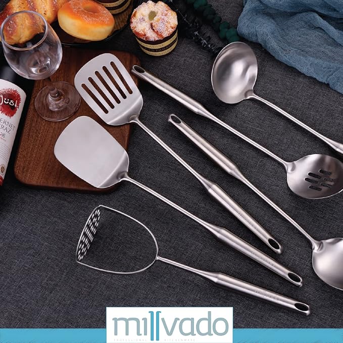 Stainless Steel Kitchen Utensil Set, Cooking Utensils, Set of 6 Kitchen Tools, Solid Spoon, Slotted Spoon, Solid Turner, Slotted Turner, Soup Ladle, Potato Masher, Dishwasher Safe