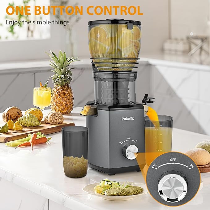 Pukomc Cold Press Juicer,5.8" Wide Feed Chute Juice Extractor Machine with 300W,Slow Masticating Juicer for Whole Vegetables & Fruits,High Juice Yield,Easy to Clean,Grey
