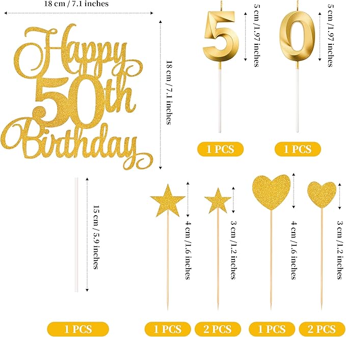 50th Birthday Cake Decorations, 50th Birthday Candles Cake Numeral Candles and Glitter Happy 50th Birthday Cake Toppers Set for Birthday Party Supplies (Gold)