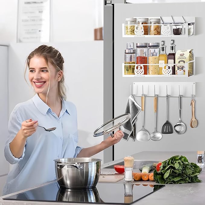 Magnetic Spice Rack,Magnetic Shelf for Fridge,Spice Organizer,Fridge Organizer,Kitchen Storage Organization with Magnetic Hooks,Owl Home Decor(White)