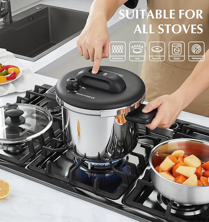 KOCH SYSTEME CS Stainless Steel Pressure Cooker 8.5 Quart, Olla de Presion, 3 PSI Settings, 18/10 Stainless Steel Pressure Cooker, One-Press Lock Pressure Cookers, Induction Ready, Glass Lid & Steamer