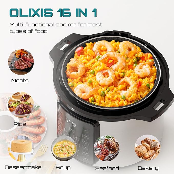 OLIXIS Electric Pressure Cooker 8 Quart Stainless Steel Multi Cooker Electric for Pressure 16-in-1 Rice, Steamer, Yogurt Maker, Slow Cook,Meat Stew, Cake, Saute, Multigrain