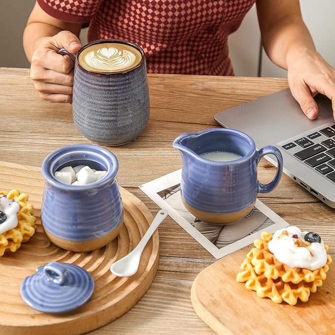 Hasense Sugar and Creamer Set with Lid Spoon, Porcelain Cream Container and Sugar Bowls Set for Countertop, Vintage Coffee Serving Set, Sugar Holder and Creamer Pitcher Set for Home Decor, Sky Blue