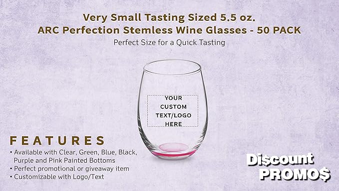 Custom Stemless Wine Glasses by ARC 5.5 oz. Set of 50, Personalized Bulk Pack - Perfect for Hotel, Bar, Restaurant or Lounge - Pink
