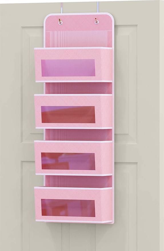 Simple Houseware 4 Clear Window Pocket Over Closet Door Storage Hanging Organizer for Bedroom, Bathroom, Pantry, Pink