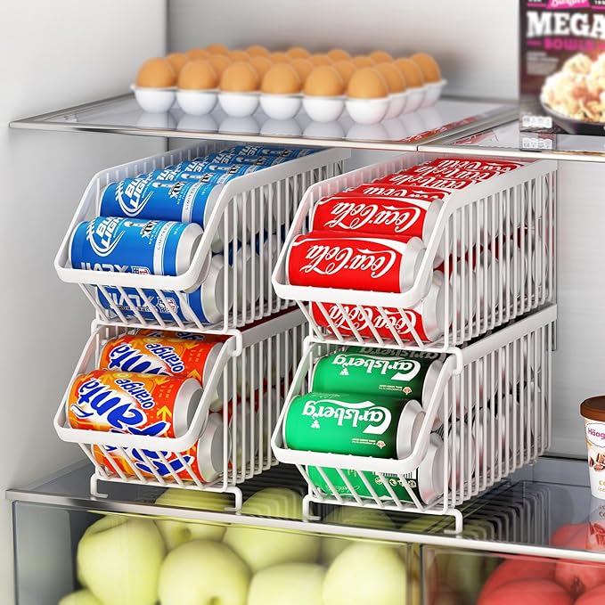 GILLAS 4 Pack Stackable Soda Can Organizer for Refrigerator, Can Holder Dispenser, Canned Food Storage Rack for Fridge, Kitchen, Countertops, Cabinets, White