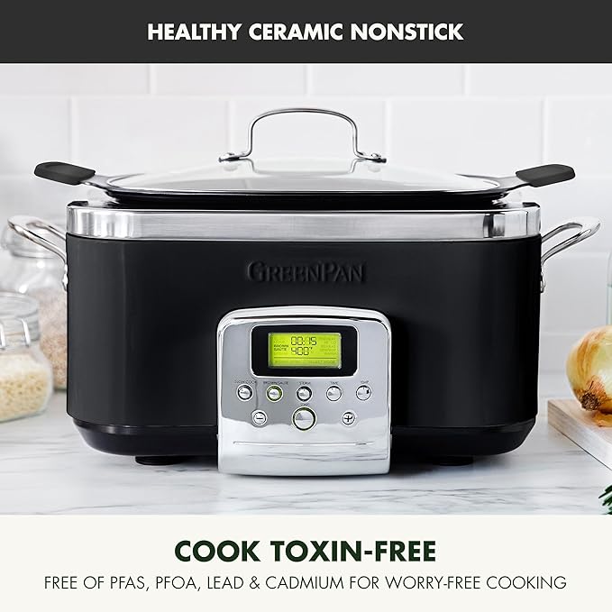 GreenPan Elite 14-in-1 Programmable 6QT Electric Slow Cooker, Dishwasher Safe Lid & Removable Crock, PFAS-Free Healthy Ceramic Nonstick Multi-Cooker, Sear, Sauté, Brown, Steam Basket, Roast, Black