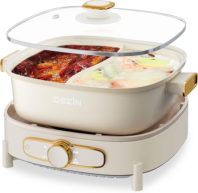 Dezin Hot Electric Shabu Shabu Pot, 5.5L Double-Flavor, Removable Non-Stick Dual Sided Cooker, 3" Depth Divided Pot with Multi-Power Control, 2 Silicone Ladles