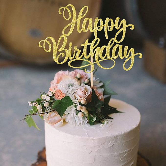 1 PCS Happy Birthday Cake Topper Glitter Happy Birthday Cake Pick Bunting Decor for Anniversary Celebrating Happy Birthday Party Cake Decorations Supplies Gold