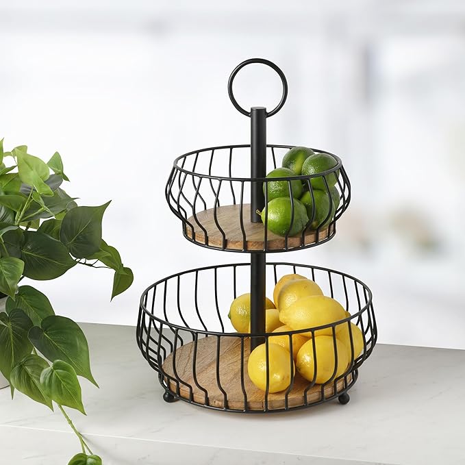 Gourmet Basics by Mikasa Savannah 2 Tier Metal Fruit Storage Countertop Basket, 12 x 12 x 16 Inch, Black