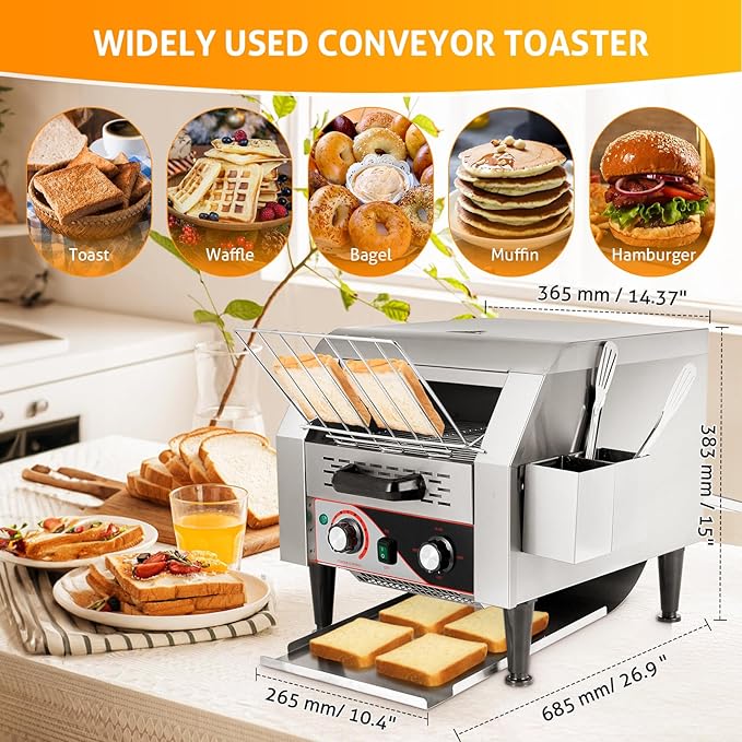 WICHEMI Commercial Toaster 300 Slices/Hour Commercial Conveyor Toaster Electric Stainless Steel Heavy Duty Toasters for Restaurant Bun Bagel Bread, 2200W