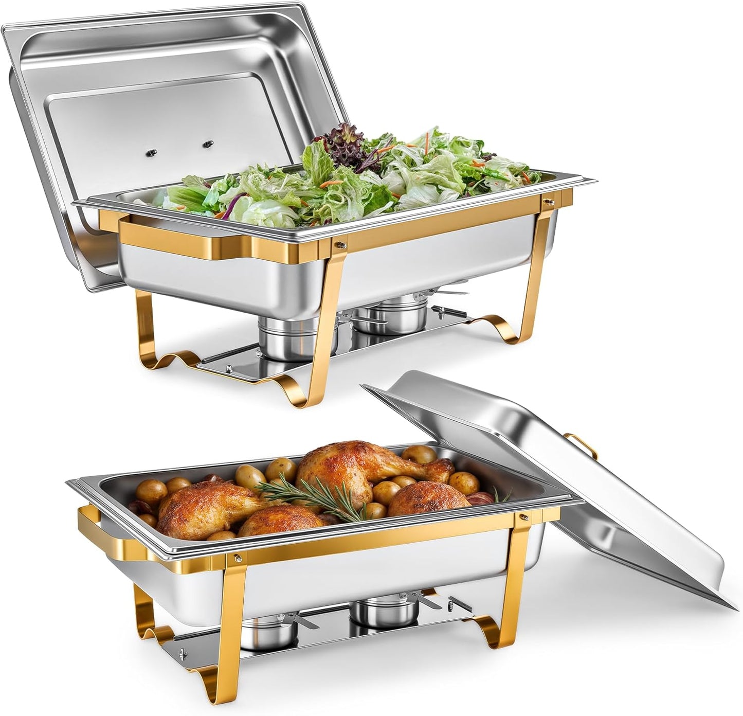 WILPREP Chafing Dishes for Buffet, 2 Pack 9 qt Chafer and Buffet Warmer Set with Full Size Pans & Foldable Frames, Food Grade Stainless Steel Food Warmers for Parties Buffets Banquets, Gold & Silver