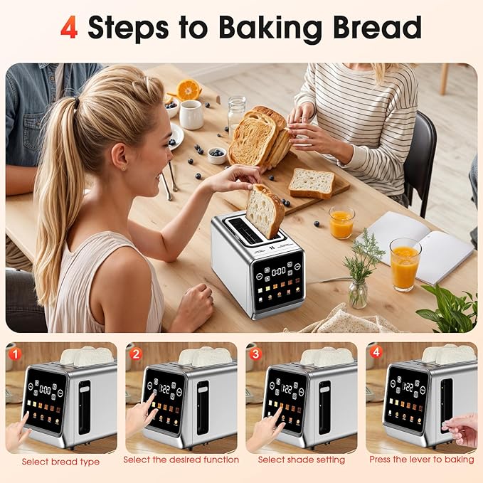 Toaster 2 Slice Wide Slot, Stainless Steel Digital Toasters Best Rated Prime, Touch Screen Toaster for 5 Bread Types/6 Shade Settings/Single Slot Toasting/Memory Function/Defrost/Reheat