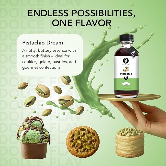 Dolce Flav Pistachio Extract – 2 Ounce Water-Soluble Kosher, Sugar-Free, Concentrated Nutty Pistachio Flavor for Baking, Ice Cream & Pastries, Includes Measured Dropper