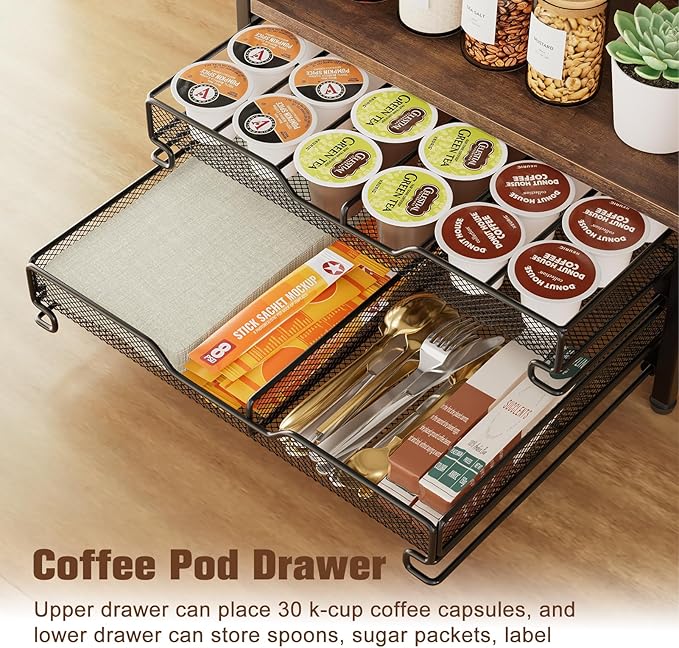 Coffee Bar Organizer, 4 Tier Coffee Station Organizer for Countertop, 30 K Cup Pod Drawer, Mug Cup Holder Stand with 12 Hooks, Multifunctional K Pods Shelf Storage Holder Drawer
