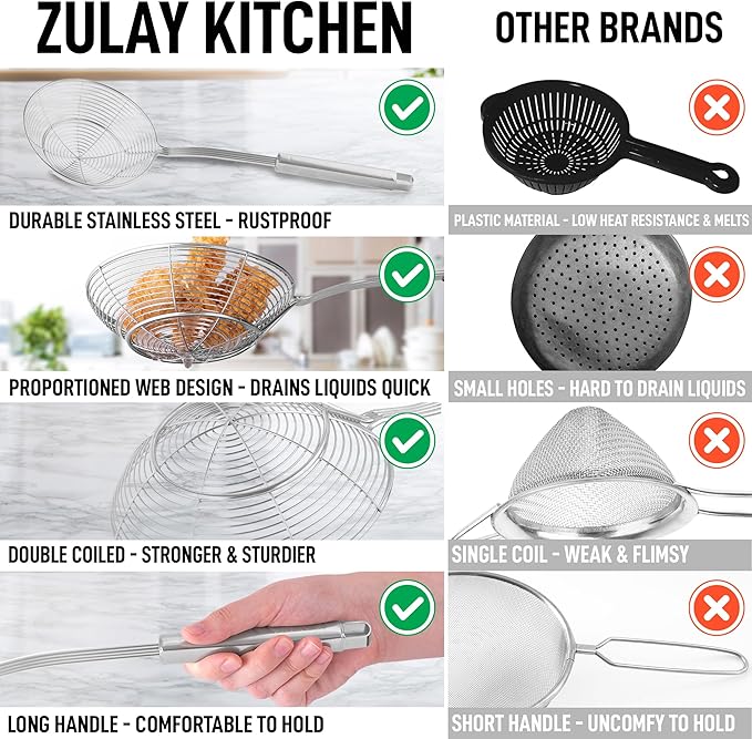Zulay Kitchen Premium Stainless Steel Spider Skimmer 15.4” - Spider Kitchen Utensil with Premium Ergonomic Handles for Easy Use - Easy to Clean - Perfect for at Home Cooks & Chefs