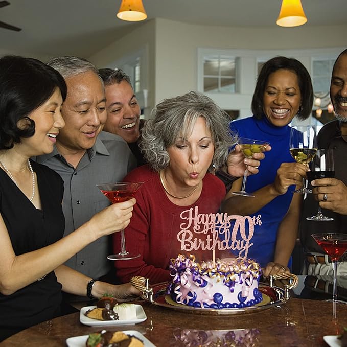 1 PCS Happy 70th Birthday Cake Topper Glitter Cheers to 70 Years Birthday Cake Pick Seventy 70 Fabulous Cake Decoration for Happy 70th Birthday Anniversary Party Decorations Supplies Rose Gold