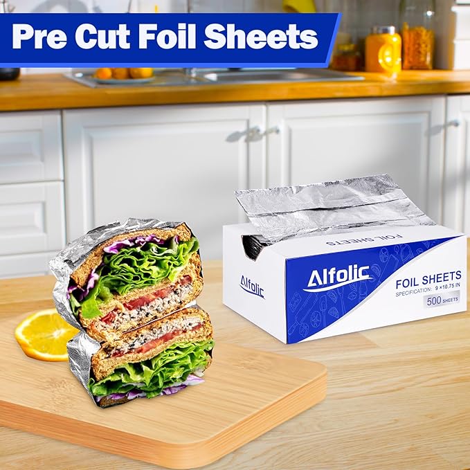 Aluminum Foil Sheets - 9" x 10.75" Pre Cut Tin Foil, Premium Aluminum Foil Wraps for Cooking, Storing Food - 500 Sheets