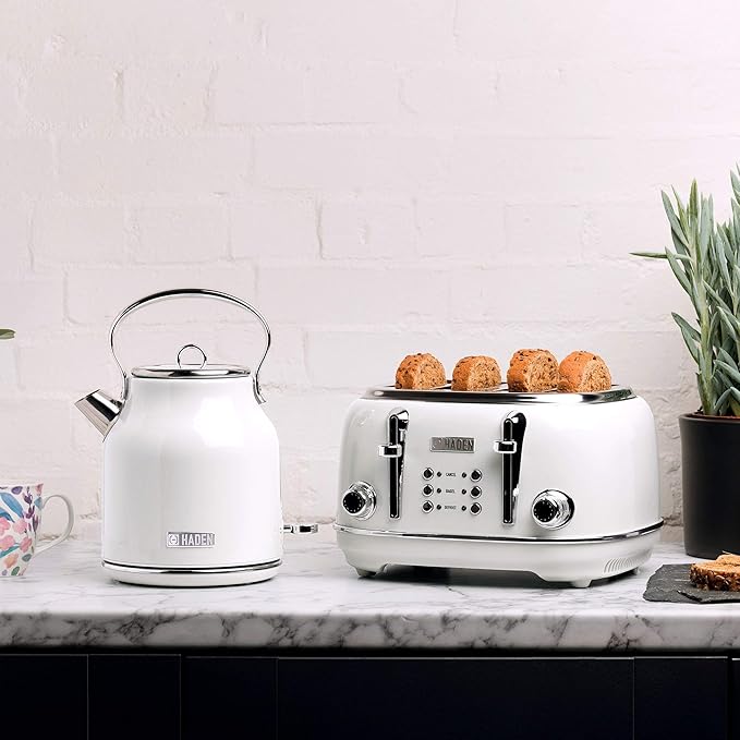 Haden Heritage 1.7 Liter Stainless Steel Electric Kettle, Hot Water Kettle with 360-Degree Base and Auto Shutoff, Ivory & Chrome