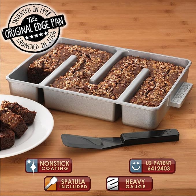 Baker's Edge Brownie Pan, The Original All Edges Brownie Pan for Baking | Premium Double Nonstick Coating, Heavy Gauge Cast Aluminum, Rectangular 9x12” Size Baking Pan - US Patented Design