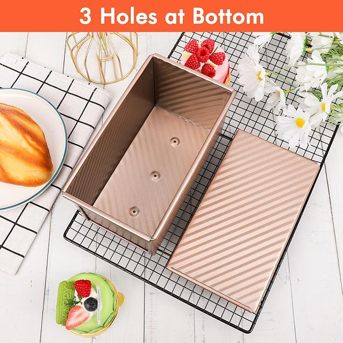 Beasea Pullman Loaf Pan with Lid, 1 Pack Non-Stick 1 lb Carbon Steel Bread Toast Box Baking Cake Mold with Cover for Homemade Bread Oven Baking - Rose Gold