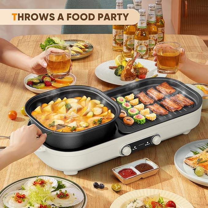 Electric Hot Pot with Grill, 2 In 1 Indoor Non-Stick Barbecue Shabu Hot Pot with Dual Temperature Control, Detachable Hotpot and Baking Tray, Smokeless Shabu Korean BBQ Grill