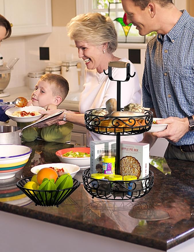 2-Tier 𝐅𝐫𝐮𝐢𝐭 𝐁𝐚𝐬𝐤𝐞𝐭 and Fruit Bowl - Fruit and Vegetable Storage with Banana Tree Hanger and Wood Handle, Fruit Basket for Kitchen Counter, for Bread Onions Potatoes Veggies Produce