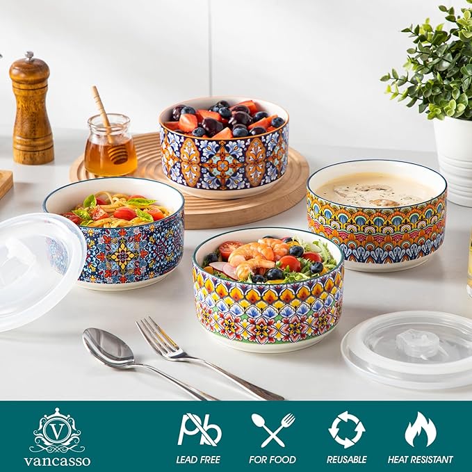 vancasso 36 oz Ceramic Bowls with Lids Set of 4, 6 Inch Food Storage Containers & Prep Bowls for Leftovers, Soup, Cereal, Meal Prep, Office Lunch, Microwave & Dishwasher Safe, Series SIMI