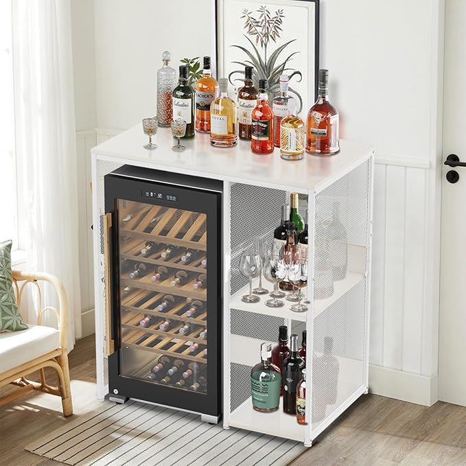 3-Tier Coffee Bar Cabinet with Mini Fridge Space, Simple Style Microwave Stand Bakers Rack, Utility Compact Refrigerator Storage Organizer for Home Kitchen Dorm, White