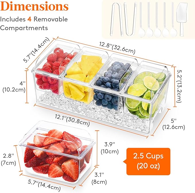Lifewit Taco Bar Serving Set for Party with 4 Containers(2.5 Cup) & Components, Large Ice Chilled Condiment Caddy Organizer, Garnish Serving Tray Platter for Mimosa Bar Accessories, Fruit, Salad, Food