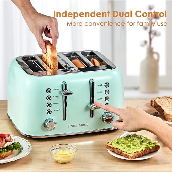 Toaster 4 Slice Retro Stainless Steel with Extra Wide Slots Bagel, Defrost, Reheat Function, Dual Independent Control Panel, Removable Crumb Tray, 6 Browning Levels, Aqua Green