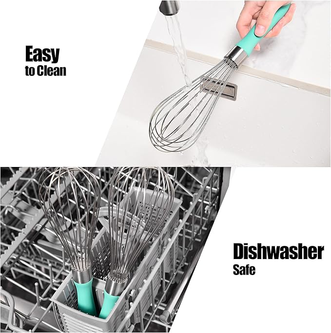 18/8 Stainless Steel Balloon Whisk, Doosu Kitchen Whisk for Cooking Handheld Egg Beater with Rust-Proof Sturdy Wires & Non-Slip Silicone Handle for Beating, Stirring, Blending (8 Wires, Aqua Sky)