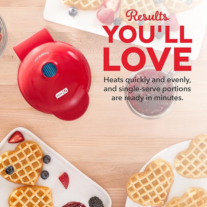 DASH Mini Waffle Maker Machine for Individuals, Paninis, Hash Browns, & Other On the Go Breakfast, Lunch, or Snacks, with Easy to Clean, Non-Stick Sides, Red Heart 4 Inch