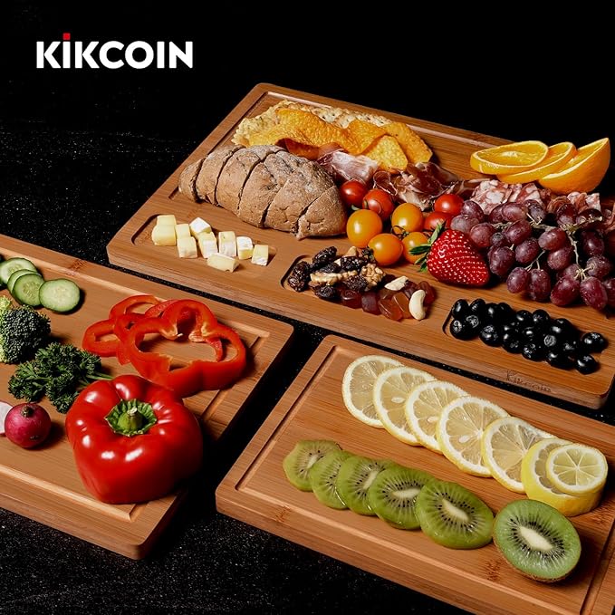 Kikcoin Bamboo Cutting Boards for Kitchen, (Set of 3) Kitchen Chopping Board with 3 Built-In Compartments and Juice Groove Heavy Duty Serving Tray Wood Butcher Block and Wooden Carving Board, Brown