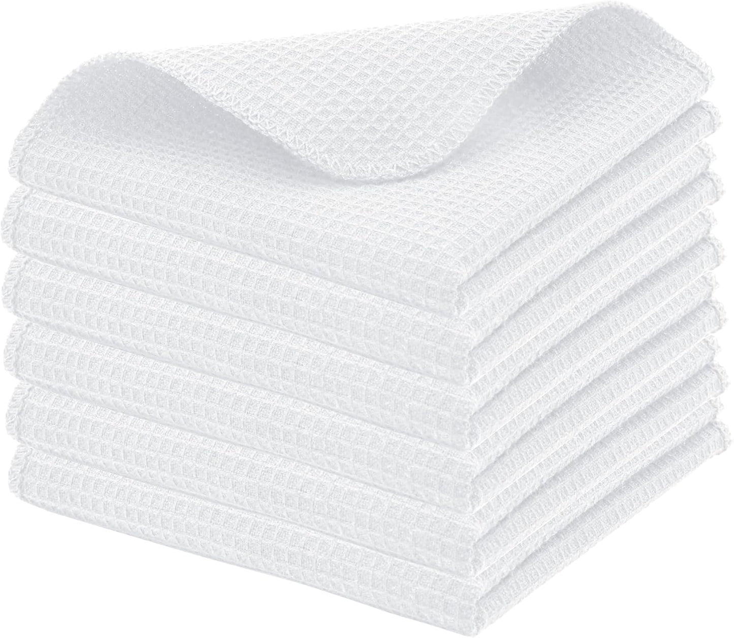 PurpleEssences Dish Cloths and Dish Rags - 6 Pack Waffle Weave Solid Kitchen Dish Wash Cloths, 100% Cotton, 12 x 12 Inches, Ultra Soft Absorbent Quick Drying - Spring Summer - White