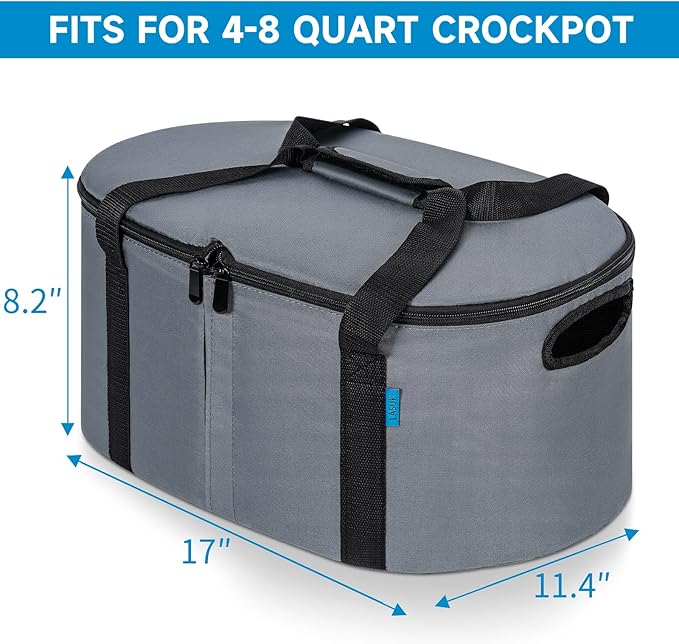 Portable Slow Cooker Travel Bag, Isulated Carrier Case Tote for 4-8 Quart Crock Carrier Compatible with Else Brands, Internal Mesh Net Holds Pot in Place, For Travel, Outdoor, Picnic, Grey