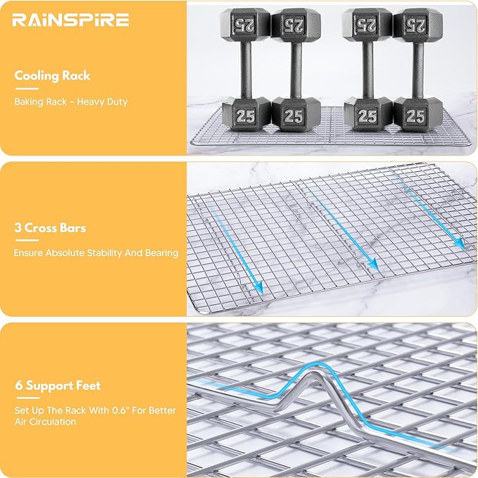 Rainspire Cooling Rack Stainless Steel, Heavy Duty Cooling Racks for Cooking and Baking, Oven Safe Wire Rack for Cooking, Baking Rack for Oven Cooking Fits Half Sheet Cookie Pan, 12" x 17", 2-Pack