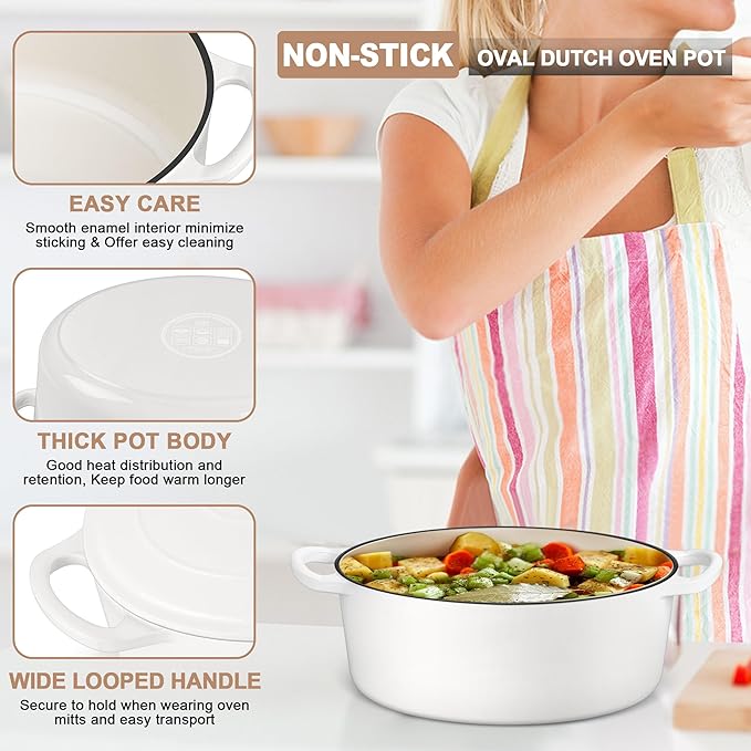E-far 5QT Oval Dutch Oven Pot with Lid, Enameled Cast Iron Dutch Oven with Dual Handles for Sourdough Bread Baking Cooking, Nonstick Enamel Coated Cookware(White), Non-Toxic & Easy Clean