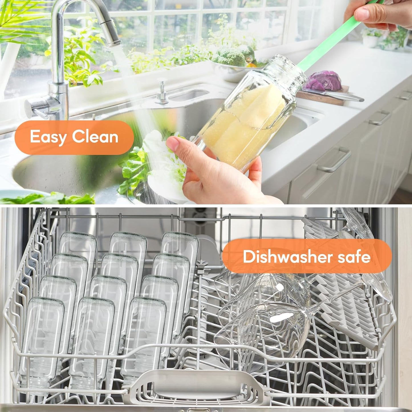 STARSIDE 8 oz Glass Juice Bottles with Lids 6 Pack - Square Reusable Drinking Jars for Juicing, Milk, Kombucha - Includes 1 Bottle Brush, 6 Colored Labels