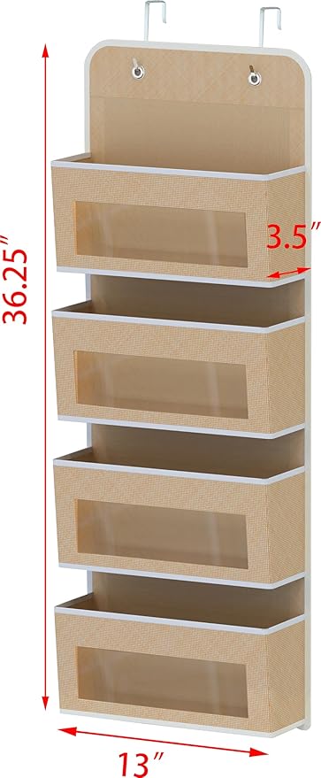 Simple Houseware 4 Clear Window Pocket Over Closet Door Storage Hanging Organizer for Bedroom, Bathroom, Pantry, Beige