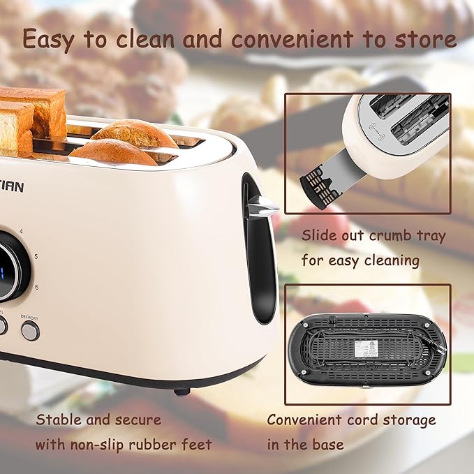Toaster 4 Slice, KOTlAN Retro Long Slot Toasters with CountdownTimer,Stainless Steel Toaster,Bagel,Defrost,Reheat,Cancel Functions,Extra Wide Slots,6 Toast Settings,Removable Crumbs Tray,White