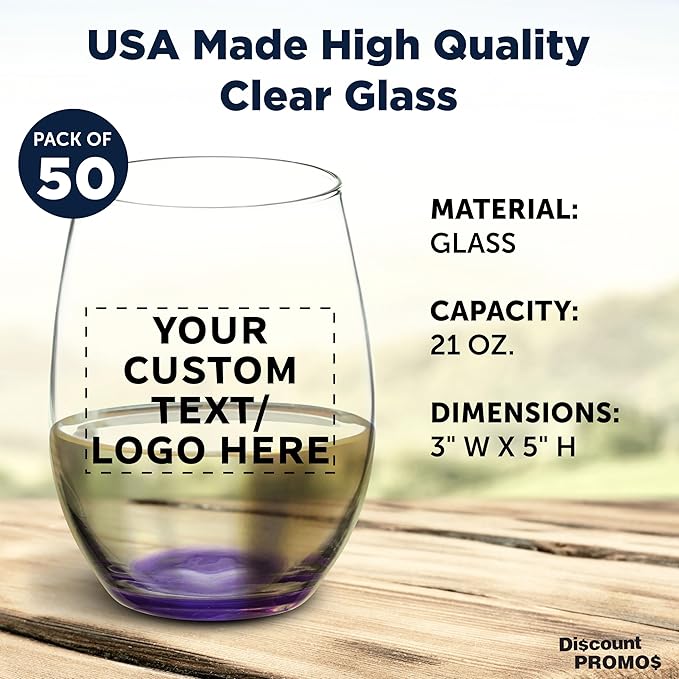 DISCOUNT PROMOS 50 ARC Stemless Wine Glasses Set, 21 oz. - Customizable Text, Logo - Chardonnay, Cabernet, Merlot, Sauvignon - Purple